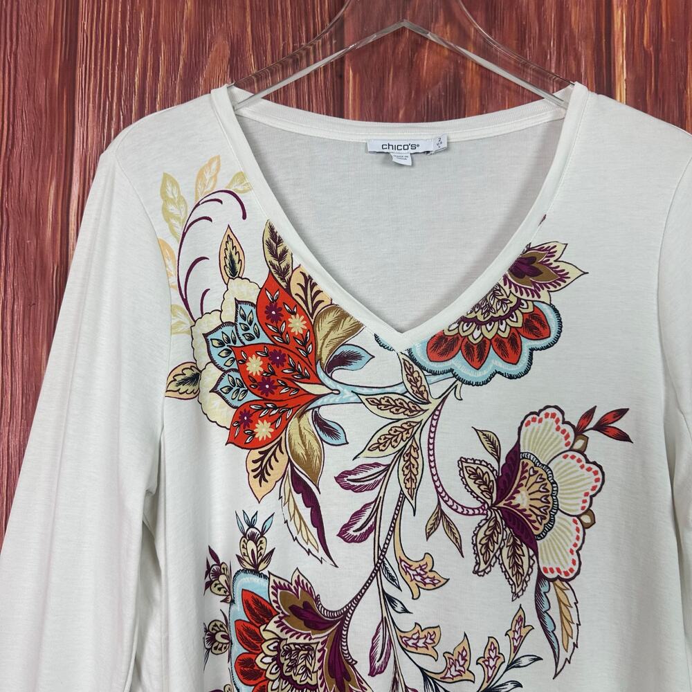 Chico's V-Neck Top Botanical Floral Print Ivory 3/4 Sleeves Artsy Size 2 / US L‎ - Picture 3 of 7